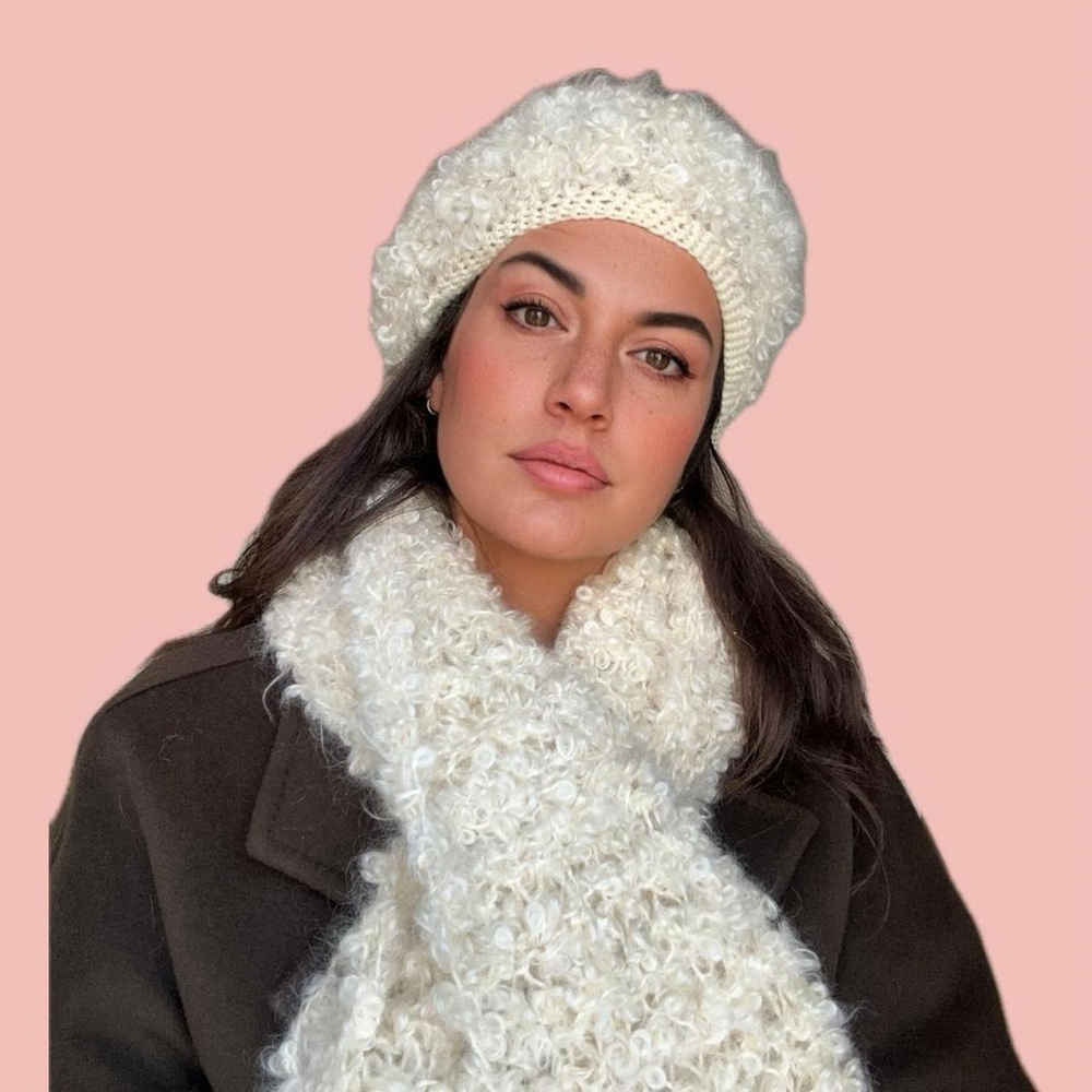 Handmade Cream Fuzzy Knit Beret & Scarf Set